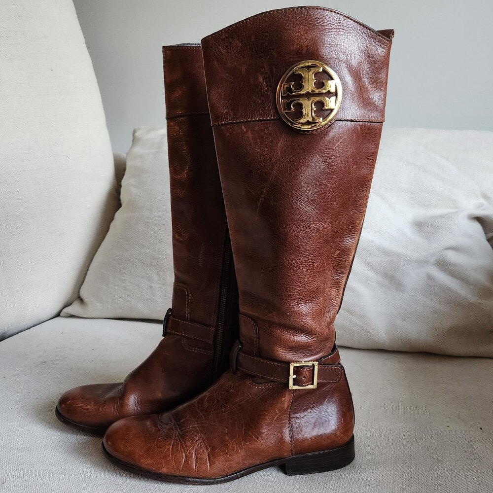 Sz7 Tory Burch Patterson Brown Leather Riding Boots with Gold Medallion Logo